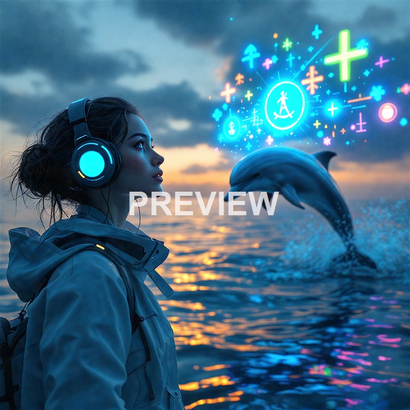 A woman wearing a headset stands by the ocean at sunset, with a dolphin jumping out of the water and colorful digital icons and symbols floating above her head.